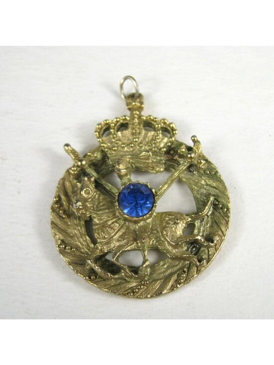 Unknown Jewelry - Vintage Gold Tone Metal Horse Swords Crown Blue Plastic Rhinestone Pendant